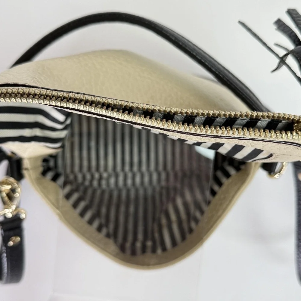 Kate Spade Crossbody Bag Womens Small Black Beige Pebbled Leather Tassel Purse